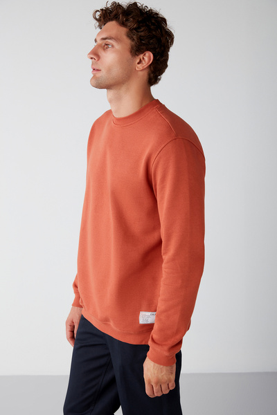 GRIMELANGE Travıs Erkek Organik Kumaşlı Yumuşacık Regular Fit Yuvarlak Yakalı Turuncu Sweatshirt