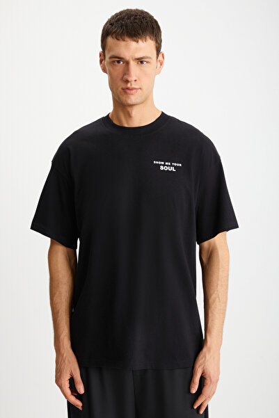 GRIMELANGE Ανδρικό μπλουζάκι Mark από 100% οργανικό βαμβάκι εμπρός και πίσω με στάμπα με χοντρή υφή, υπερμεγέθη μαύρο μπλουζάκι