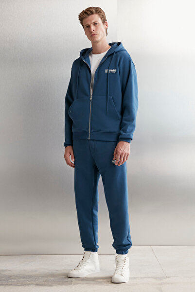 GRIMELANGE Aksel Erkek Yumuşacık Organik Pamuk Oversize Fermuarlı Baskılı Kapüşonlu Mavi Sweatshirt
