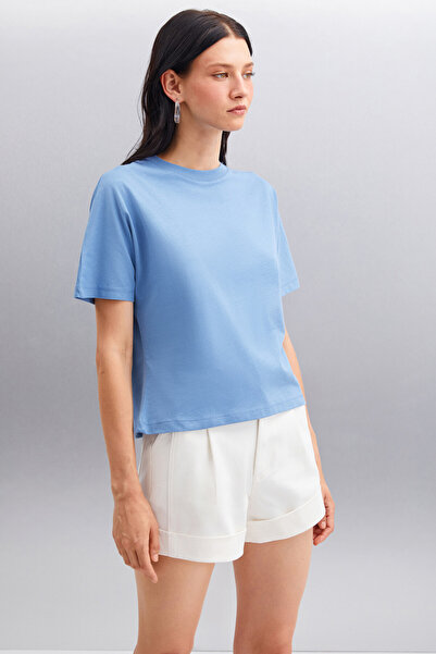 GRIMELANGE Lottie Damen-T-Shirt aus 100 % Bio-Baumwolle mit normaler Passform und Rundhalsausschnitt, kurzärmelig, Indigo