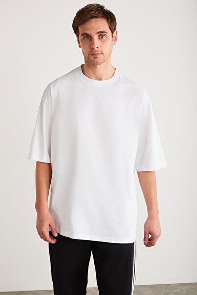 GRIMELANGE Rhett Men's Oversize Fit Loose Cut 100% Organic Cotton Basic Knitted White T-Shirt