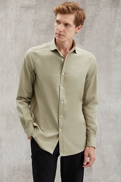 GRIMELANGE Carlsten Herren-Hemd, Slim-Fit, italienischer Kragen, 100 % Baumwoll-Popeline, hellkhakifarben