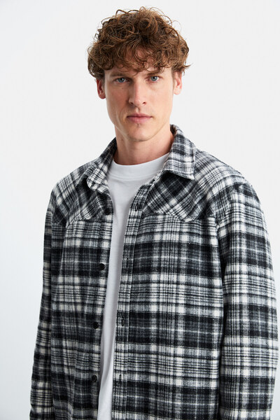 GRIMELANGE Allenı Erkek Pamuk Gömlek Yaka Relaxed Oduncu Siyah Gömlek