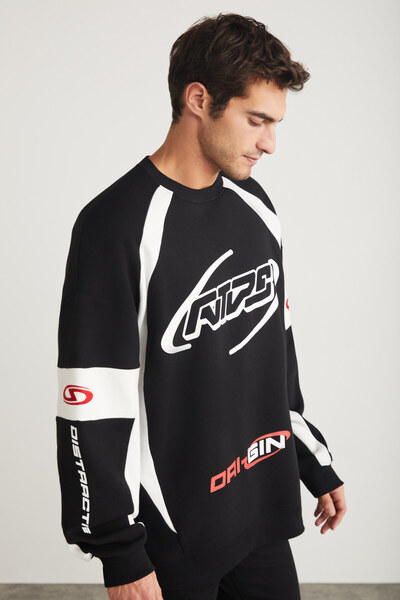 GRIMELANGE Ανδρικό Breez από οργανικό βαμβάκι Oversize Αθλητικό τύπωμα Λεπτομερές μαύρο φούτερ με λαιμόκοψη