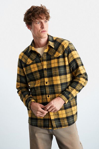 GRIMELANGE Men's Cotton Shirt - Aleni Saffron Yellow, Relaxed Collar Lumberjack Shirt
