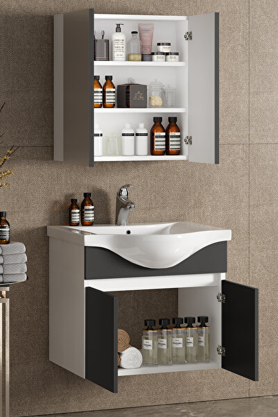 ÖZCEDEN Yıldız 65 Cm Beyaz-antrasit Gri Mat Mdf Seramik Lavabolu Asma Banyo Dolabı Takımı
