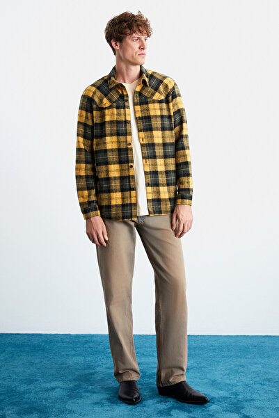 GRIMELANGE Ανδρικό βαμβακερό πουκάμισο - Allenı Saffron Yellow, Relaxed Lapel Ξυλοκόπος πουκάμισο