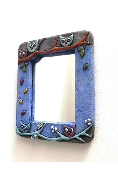 SUME Özel Tasarım Baykuş Süslemeli Seramik Çerçeve Ayna 14.5 x 10 cm