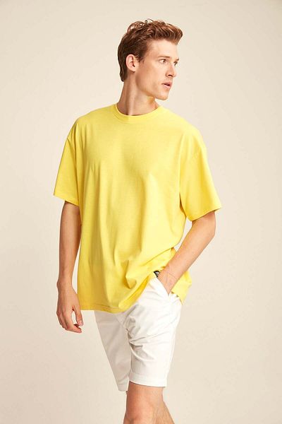 GRIMELANGE Jett Men &Apos; S Yellow Oversize T-Shirt, 100% Organic Cotton, Thick Texture, Crew Neck