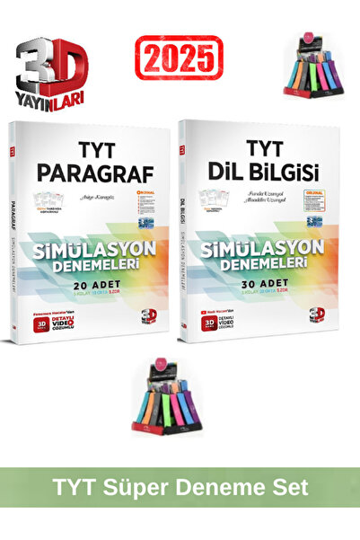 3D Yayınları 2025 Tyt Paragraf 20 Adet-Tyt Dilbilgisi 30 Adet Simulasyon Vide...