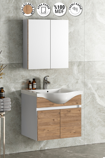ÖZCEDEN Yıldız 65 cm Beyaz-Atlantik Çam MDF Seramik Lavabolu Asma Banyo Dolabı Takımı