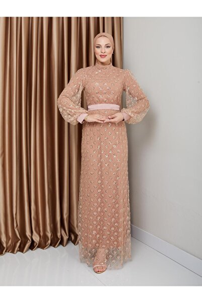 Olcay Večerní šaty s flitry a korálky s hidžábem - Kamel 1229
