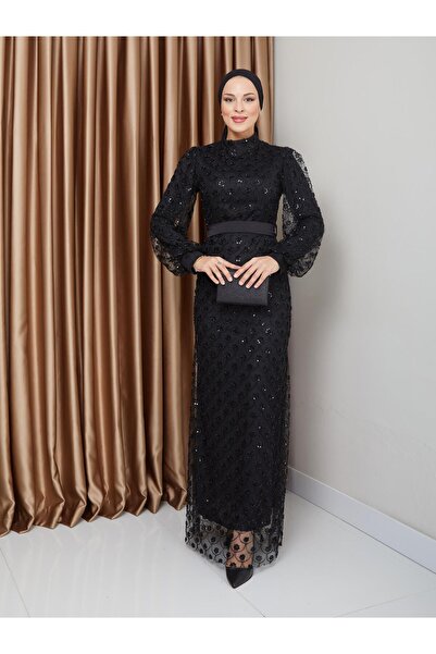 Olcay Černé večerní šaty z hidžábu s detaily z flitrů a korálků - pas 1229