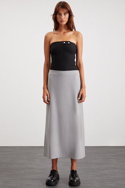 GRIMELANGE Isla Women's Woven Fabric Back Deep Slit Maxi Length Normal Waist Gray Skirt
