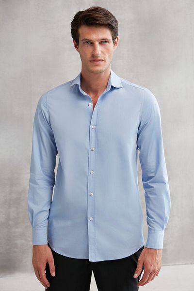 GRIMELANGE Carlsten pánský Slim Fit italský límec 100% bavlna popelínová modrá košile