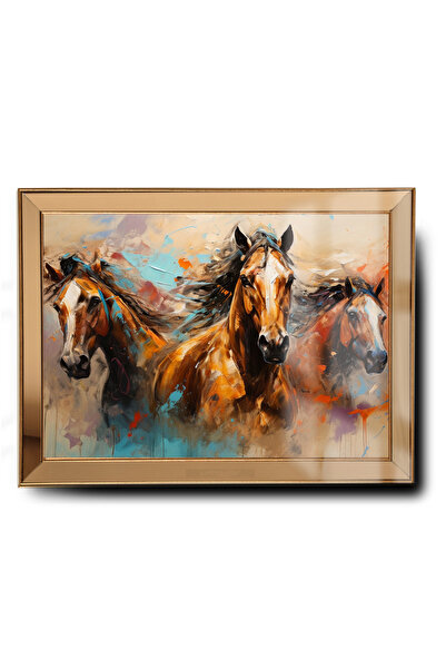 byMelekoğlu Çerçeveli Cama Baskılı Cam Yağlı Boya 3d 3lü At Tablo