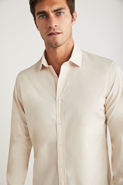 GRIMELANGE Carlsten Men's Slim Fit Italian Collar 100% Cotton Poplin Light Beige Shirt