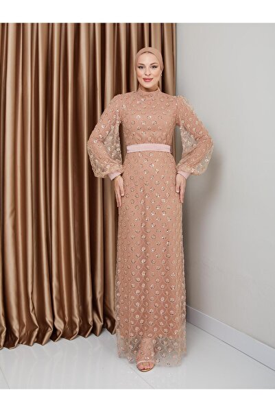 Olcay Večerní šaty s flitry a korálky s hidžábem - Kamel 1229