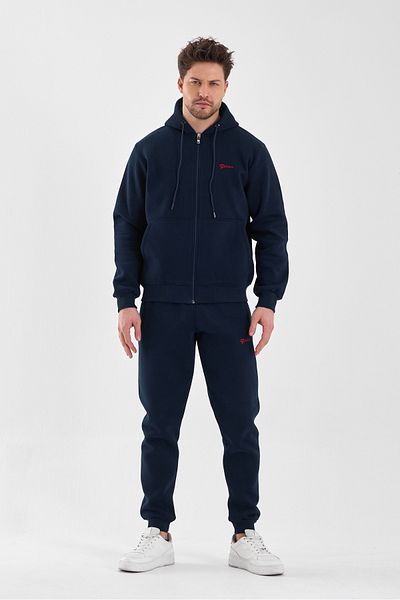 Piyera Men's Navy Blue Tracksuit Set, Three Thread Raster, Hood, Zipper and Pocket - 5206