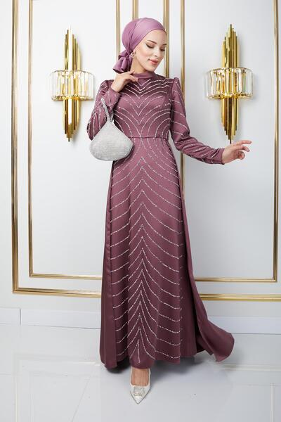 Olcay Βραδινό φόρεμα Hijab με πέτρινη λεπτομέρεια σατέν κάπα - DRY ROSE 1674