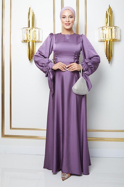 Olcay Βραδινό φόρεμα Hijab - Λεπτομέρεια με δαντέλα, Sleeve Mouth Tie, Flared Cut K. Lila 1673