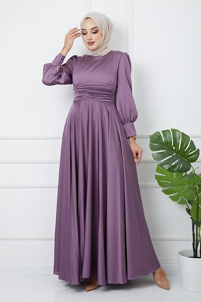 Olcay Βραδινό φόρεμα με πλισέ με λεπτομερή ζώνη K. Lilac 1595