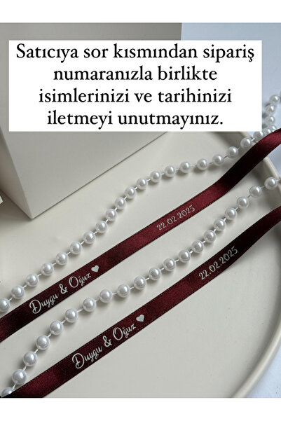 Huyendo Dökülmeyen İncili Söz Nişan Yüzük Kurdelesi Bordo (1 metre uzunluk, 1...