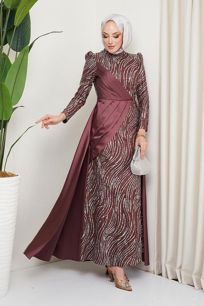 Olcay Abendkleid aus Tüll und Satin mit Schmucksteinen und Faltendetail auf der Vorderseite, getrocknete Rose 1665