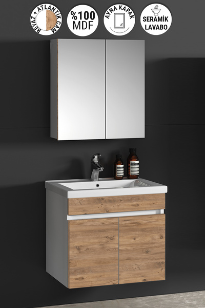 ÖZCEDEN Çiğdem 65 cm Beyaz-Atlantik Çam MDF Seramik Lavabolu Asma Banyo Dolab...