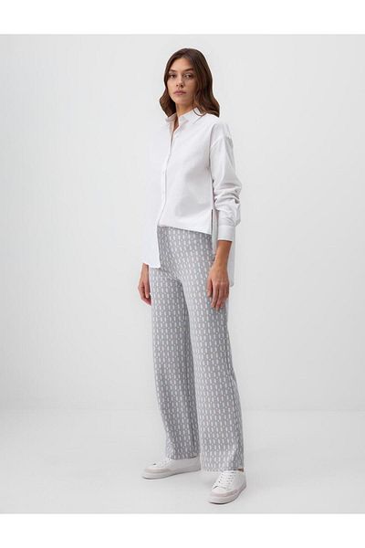 Jimmy Key Beige High Waist Wide Leg Geometric Pattern Knitted Trousers