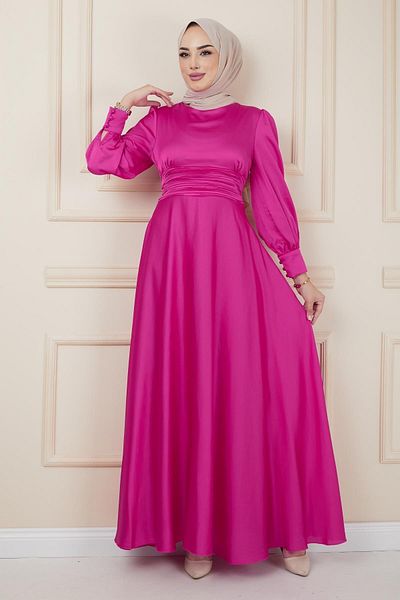 Olcay Večerní šaty s plisovaným pasem a detailním páskem Fuchsia 1595