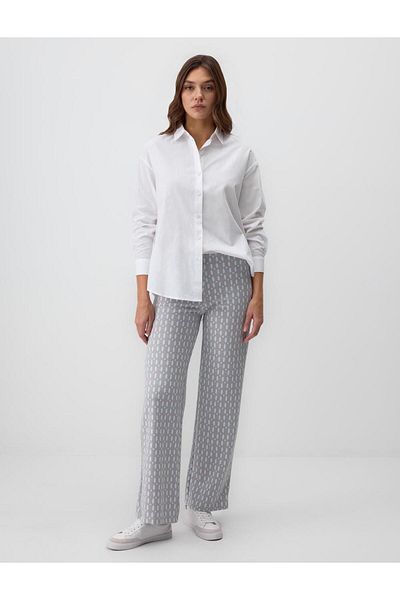 Jimmy Key Beige High Waist Wide Leg Geometric Pattern Knitted Trousers