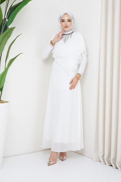Olcay Chiffon-Hijab-Abendkleid mit Stein- und Schwungraddetails, WEISS 1651