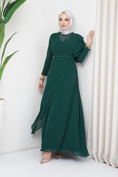 Olcay Perlen- und Schwungrad-detailliertes Chiffon-Hijab-Abendkleid GRÜN 1652