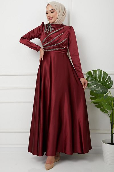 Olcay Rochie de seară din satin cu volan și detaliu din piatră pe față Roșu Claret 1596