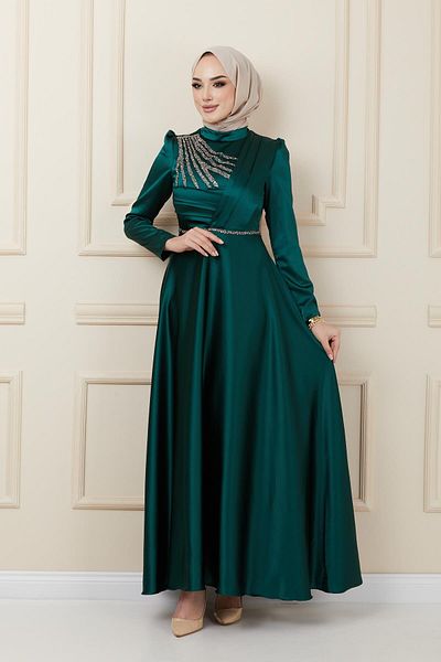Olcay Abendkleid aus Satin mit Falten- und Perlendetail vorne GRÜN 1624