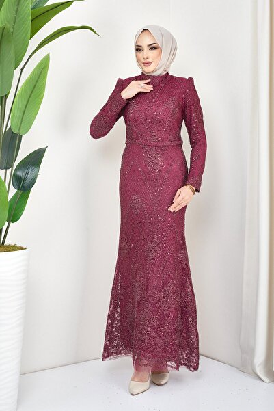 Olcay Csillogó és flitter borsó hidzsáb estélyi ruha Claret Red 1644