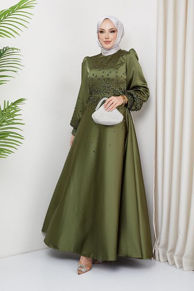Olcay Satin-Abendkleid mit Steinbesatz - Hellgrün 1658
