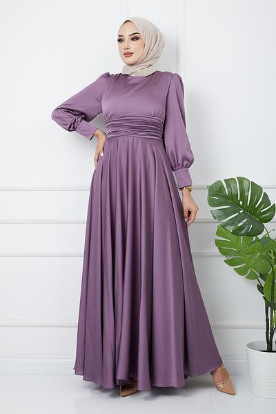Olcay Βραδινό φόρεμα με πλισέ με λεπτομερή ζώνη K. Lilac 1595