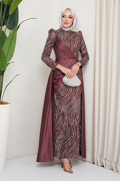 Olcay Abendkleid aus Tüll und Satin mit Schmucksteinen und Faltendetail auf der Vorderseite, getrocknete Rose 1665
