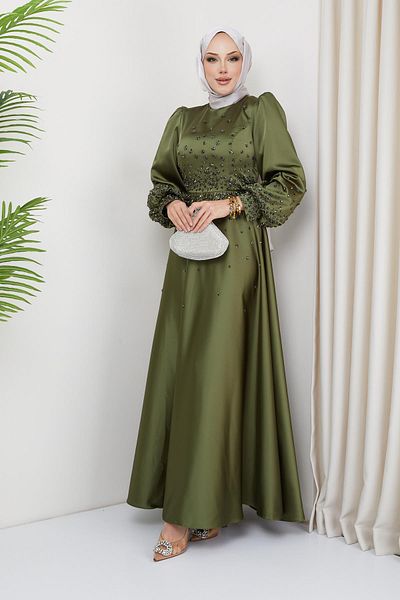 Olcay Satin-Abendkleid mit Steinbesatz - Hellgrün 1658