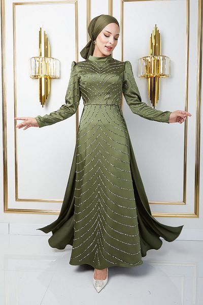 Olcay Hellgrünes Satin-Hijab-Abendkleid – Rock mit Steinperle und Umhang 1674