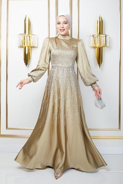 Olcay Βραδινό φόρεμα Yag Green Satin Hijab - Λαιμός ζωγραφισμένος με πέτρινο μπιζέλι, μοντέλο 1670