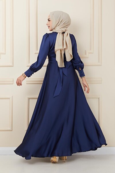 Olcay Večerní šaty s detailním záhybem v pase s páskem NAVY BLUE 1595