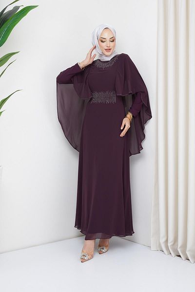 Olcay Βραδινό φόρεμα Hijab από πέτρα και ακρωτήριο με λεπτομέρειες DAM 1650