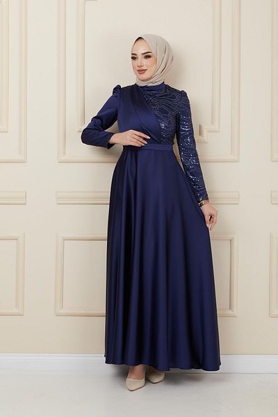Olcay Saténové večerní šaty se setrvačníkem a detailem flitrů, NAVY BLUE 1626