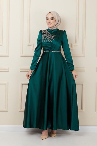 Olcay Abendkleid aus Satin mit Falten- und Perlendetail vorne GRÜN 1624