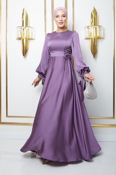 Olcay Βραδινό φόρεμα Hijab - Λεπτομέρεια με δαντέλα, Sleeve Mouth Tie, Flared Cut K. Lila 1673