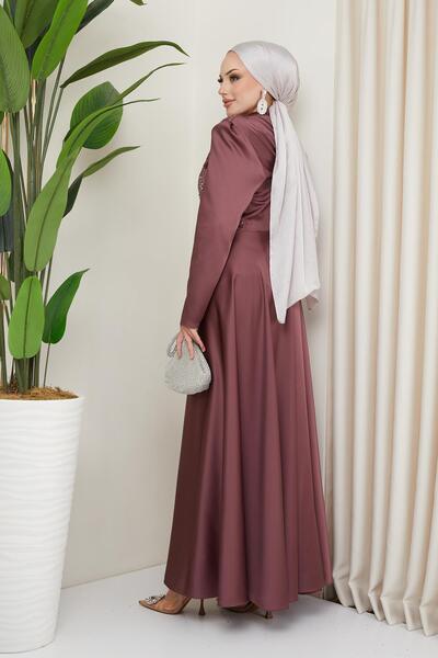 Olcay Βραδινό φόρεμα από σατέν χιτζάμπ με πιέτες και πέτρινη λεπτομέρεια Dried ROSE 1659