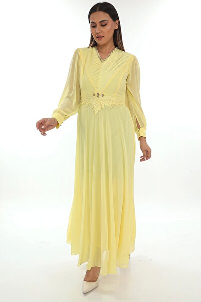 lodmela Plus Size Dress with Pleat and Bead Detail 2213- Yellow